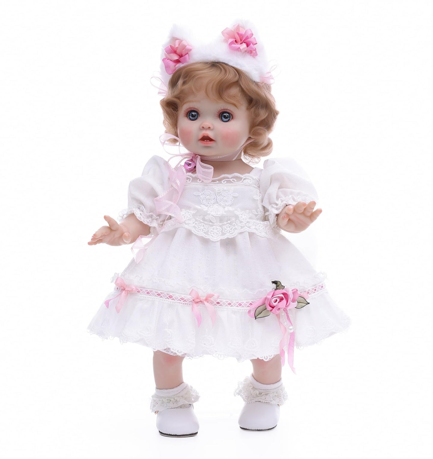 Cloveray Baby Doll, 18 Inch Realistic Reborn Toddler Real Life Baby Dolls with White Lace Dress, Magnetic Cat Nose, Fluffy Paw Mitten & Tail, Premium Collectible Gift for 3+ Year Old Girls