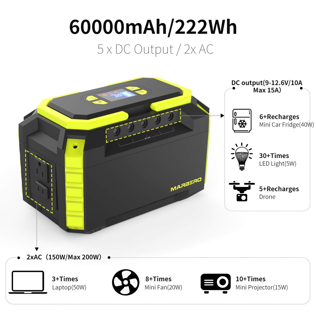 MARBERO 222Wh Portable Power Station 200W Solar Generator 60000mAh Power Bank with AC Outlet 110V 200W DC USB LED Flashlights Lithium Battery Power Supply for CPAP Camping Backup Emergency Home