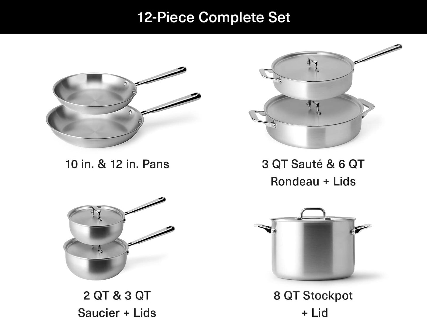 Misen 5-Ply Stainless Steel Cookware Set - Versatile, Dishwasher Safe - 12-Piece Set - 10" Skillet, 12" Skillet, 3 QT Saute Pan & 6 QT Rondeau + Lids, 2 QT & 3 QT Saucier + Lids, 8 QT Stockpot + Lid