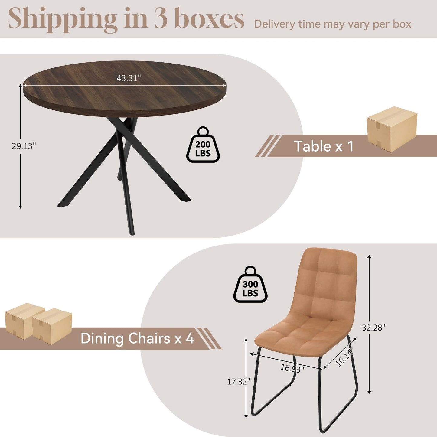 domusdisn 44" Round Dining Table with Cozy Chair Set for 4, Modern Mid-Century Dining Table Set of 4, Dinette Sets with Metal Leg for Kitchen Dining Room Apartment(Walnut Table + Brown Chairs)