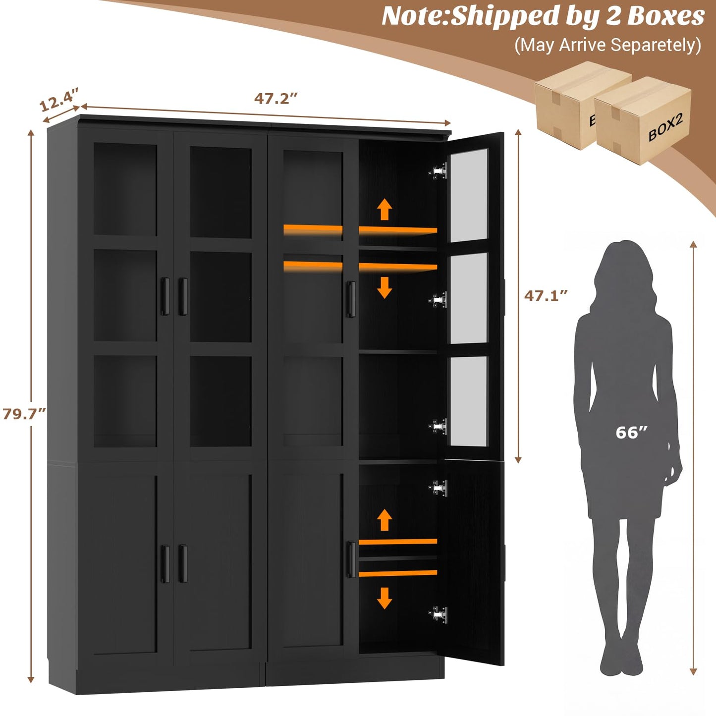 Unikito 79.7" Tall Kitchen Pantry Storage Cabinet, Freestanding Kitchen Hutch Cabinet with Tempered Glass Doors, Large Display Bookcase with Adjustable Shelves for Living Room, Dining Room, Black