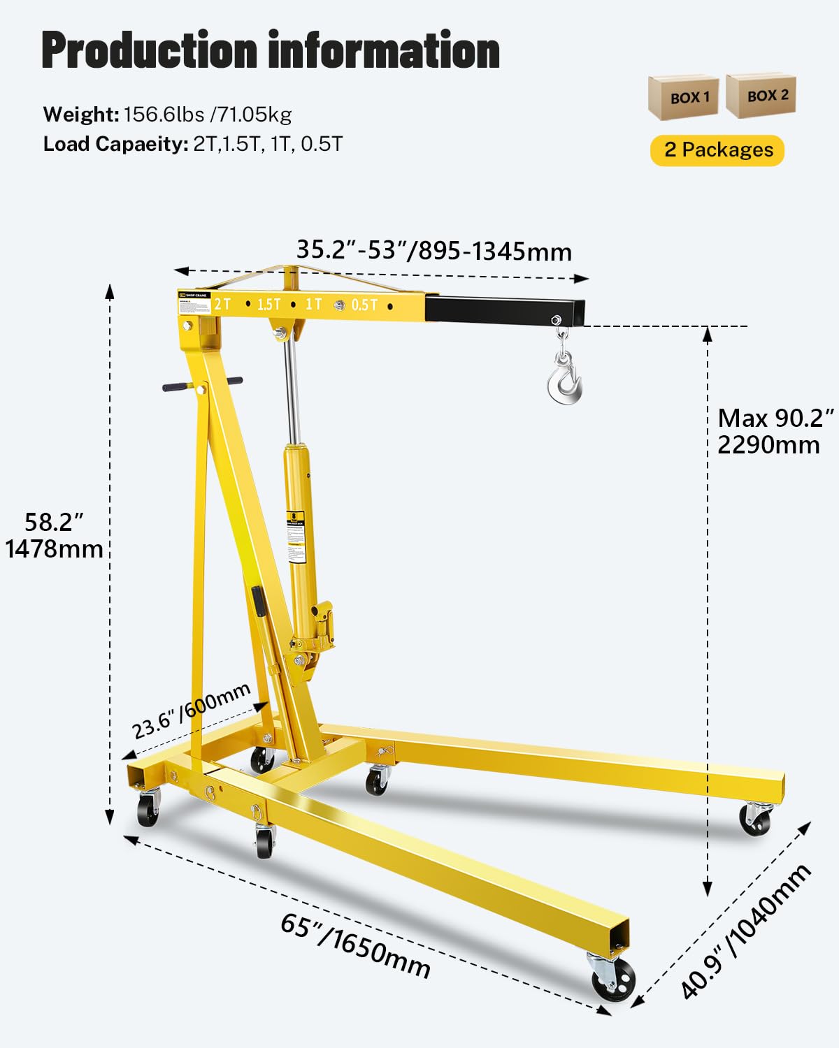 Garvee 2 Ton Engine Hoist Cherry Picker, 4400 Lbs Capacity with 6 Steel Casters & Foldable Design - Heavy-Duty Portable Hydraulic Crane for Truck Engines, Boat Motors, Farm Equipment
