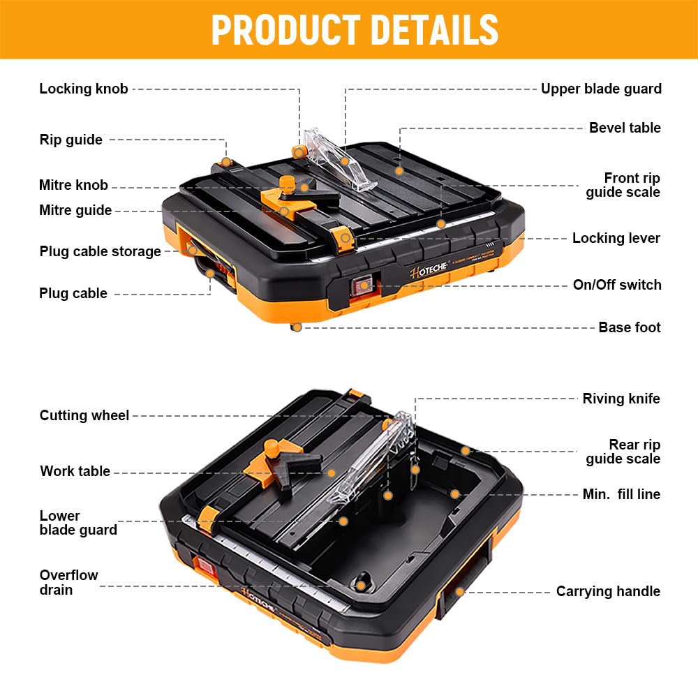 Hoteche 4-1/2-Inch Cutter Portable Wet Tile Saw 4.1A Tile Cutting Machine with Hidden Water Reservoir 0-45° Bevel Cutting for Tiles and Stones