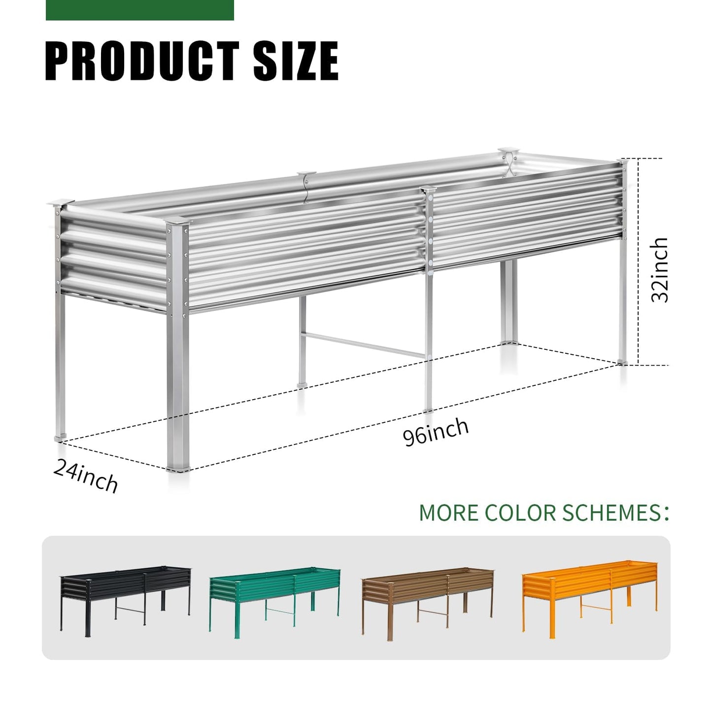 Land Guard Galvanized Raised Garden Bed with Legs, 96×24×32in Raised Garden Beds Outdoor with Drainage Holes, Planter Boxes Outdoor for Backyard, Patio, Balcony, 1200lb Capacity, Silver
