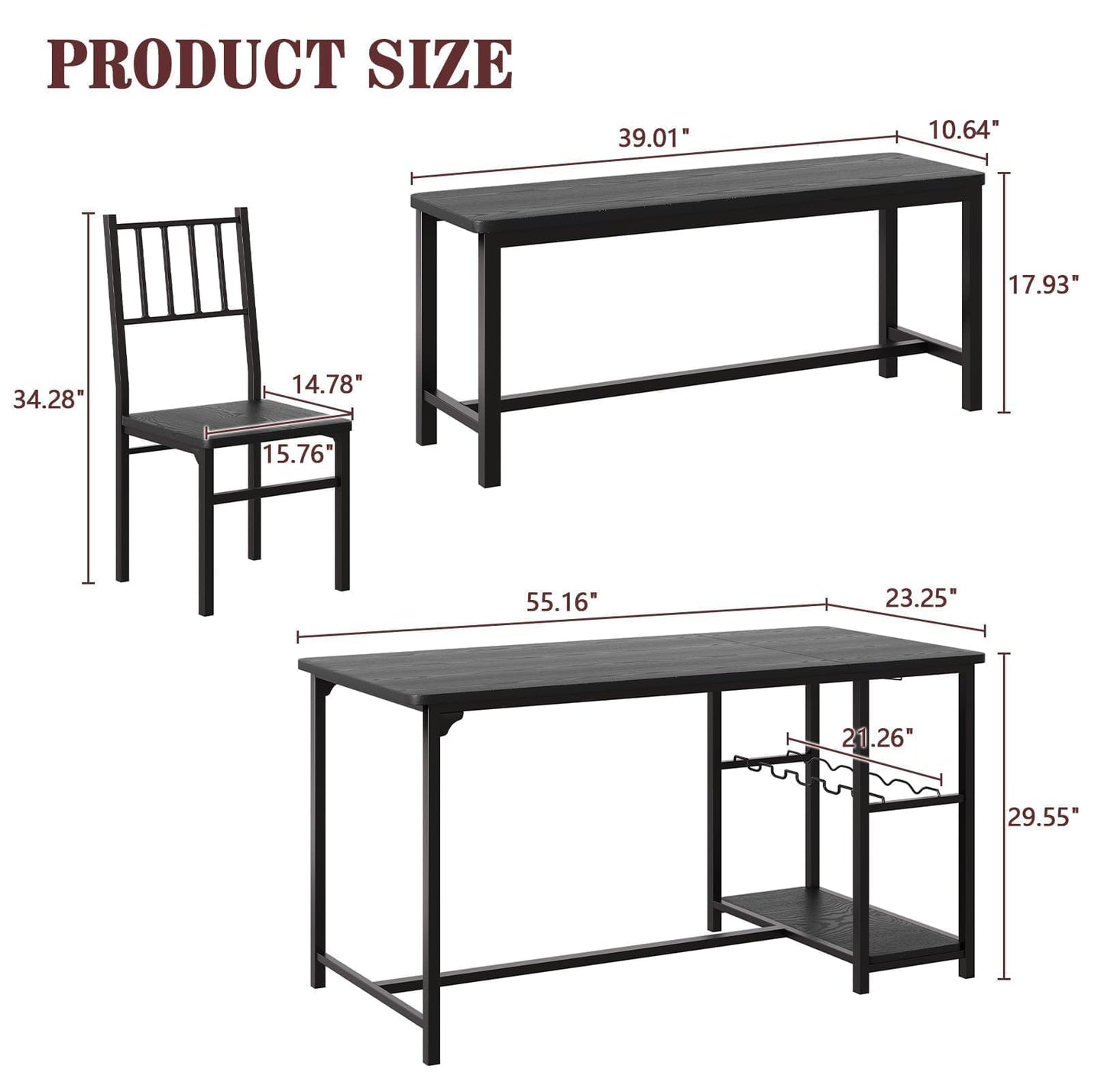 4 EVER WINNER Dining Table Set for 4, 55" Small Kitchen Table with Wine Rack & Wine Glasses Holder, Dining Room Table Set with 2 Chairs and Bench for Small Space, Black