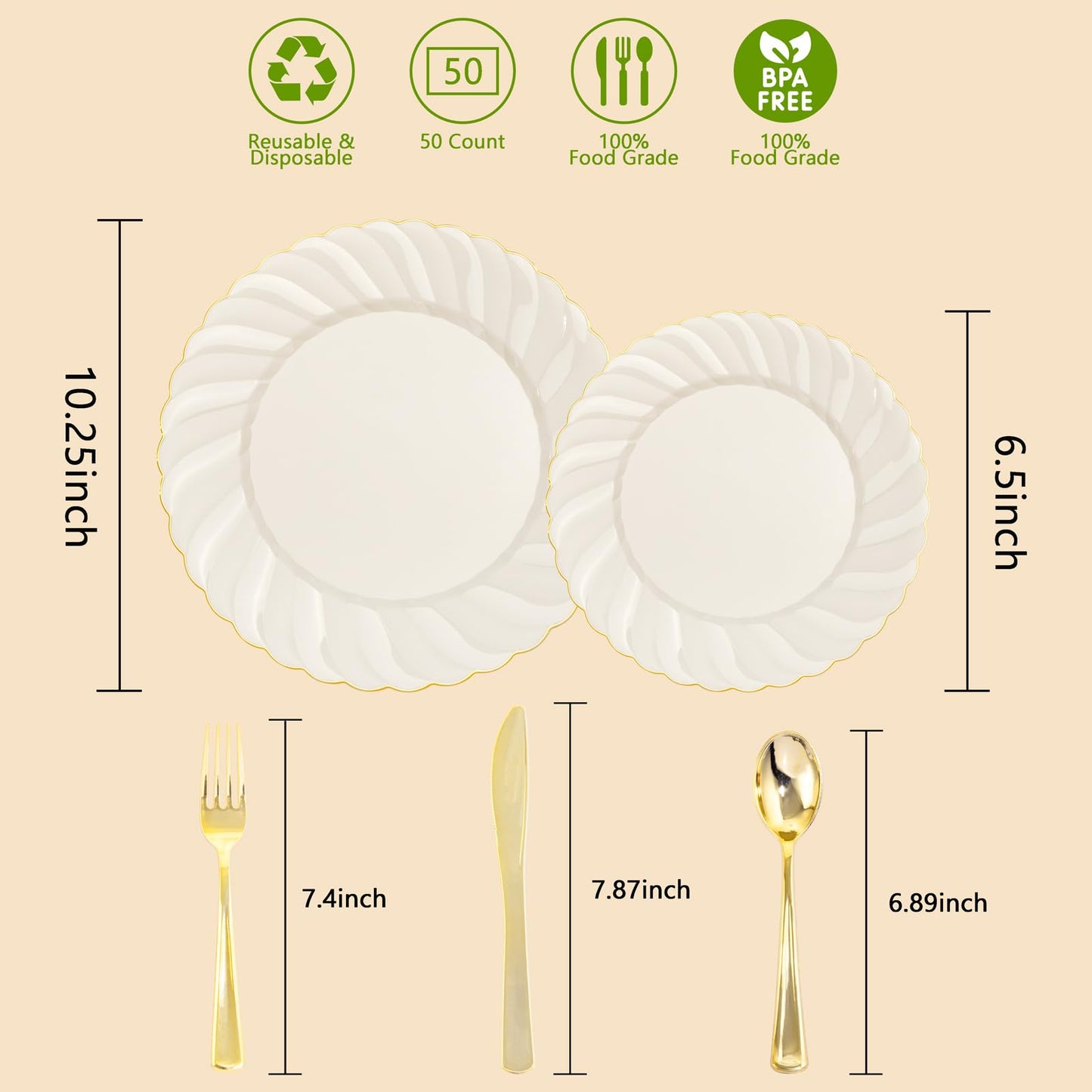 YOUBET 125PCS Scalloped Plastic Plates - Ivory Scalloped Disposable Plates - Gold Plastic Dinnerware Set Include 50 Plates, 75 Gold Silverware for Party & Wedding