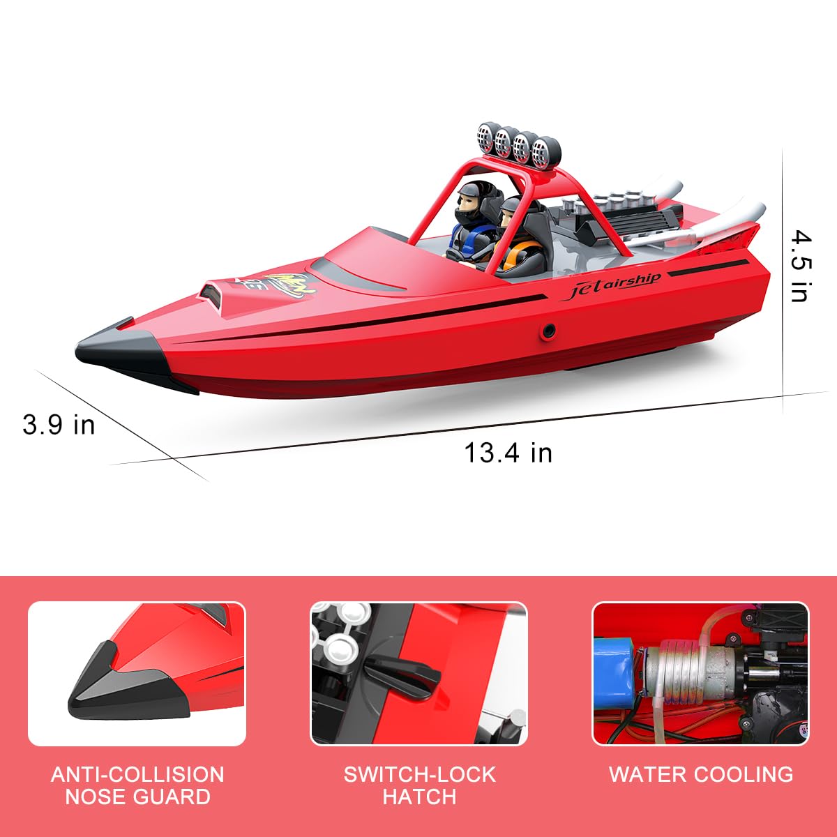 Hitish RC Boat for Kids Adults 2.4GHz Remote Control Boats with LED Light for Pool Lakes Water, 20MPH Fast Speed Racing Jet Boat, Boat Toy for Boys Girls, 2 Rechargeable Batteries 40+ Mins, Red