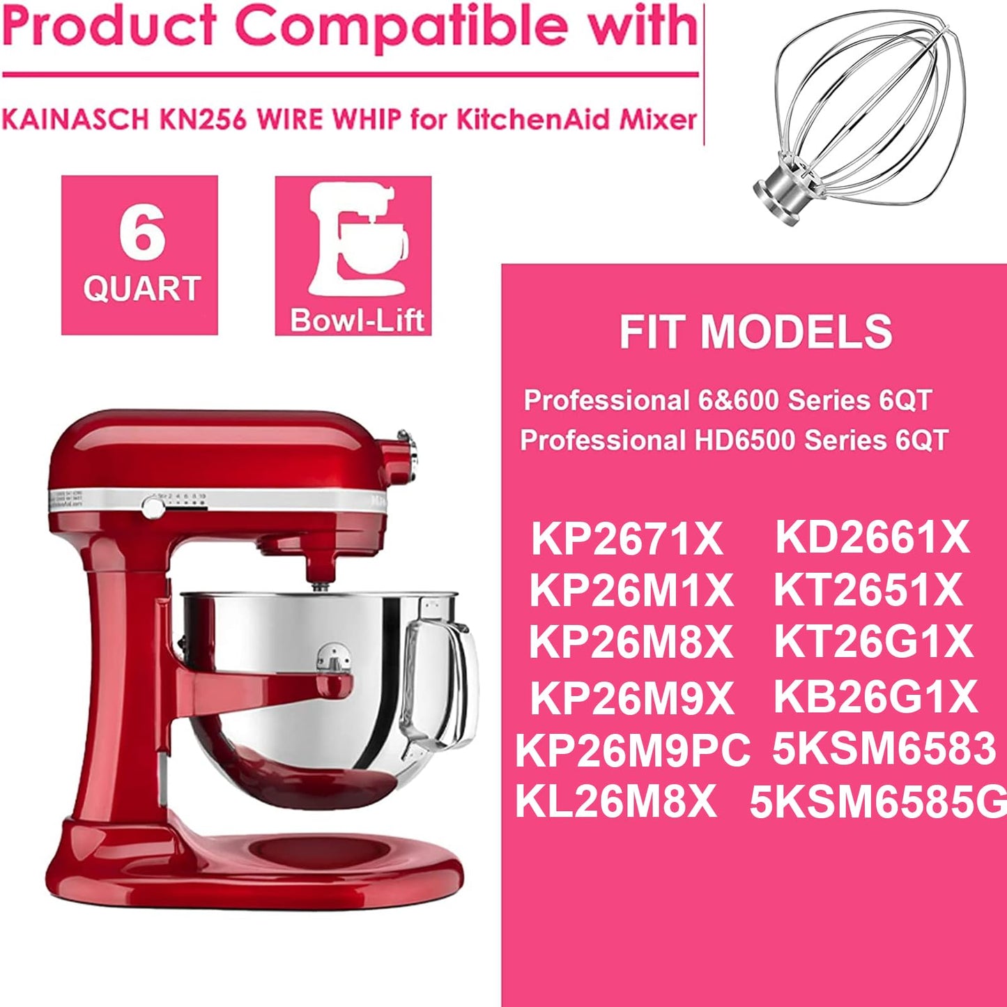 KN256WW Stainless Steel Whisk Attachment for KitchenAid 6 Quart Bowl Lift Stand Mixer 6-Wire Whip Attachment for Kitchenaid Accessories