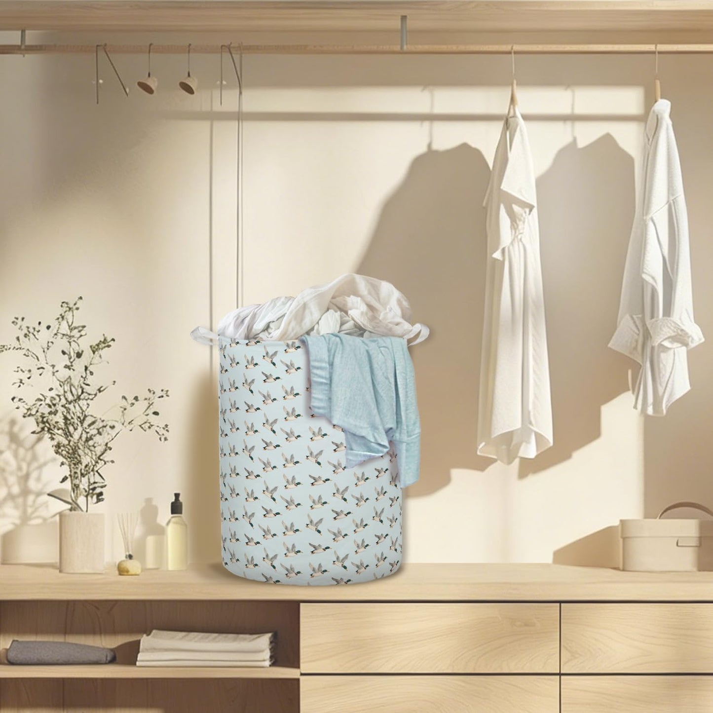 TAZSWDMM Blue Mallard Duck Nursery Laundry Basket Hamper, Flying Mallard Duck Foldable Clothes Toys Books Storage Box Bins Baskets Organizer for Baby Boys Nursery Kids Room Bathroom