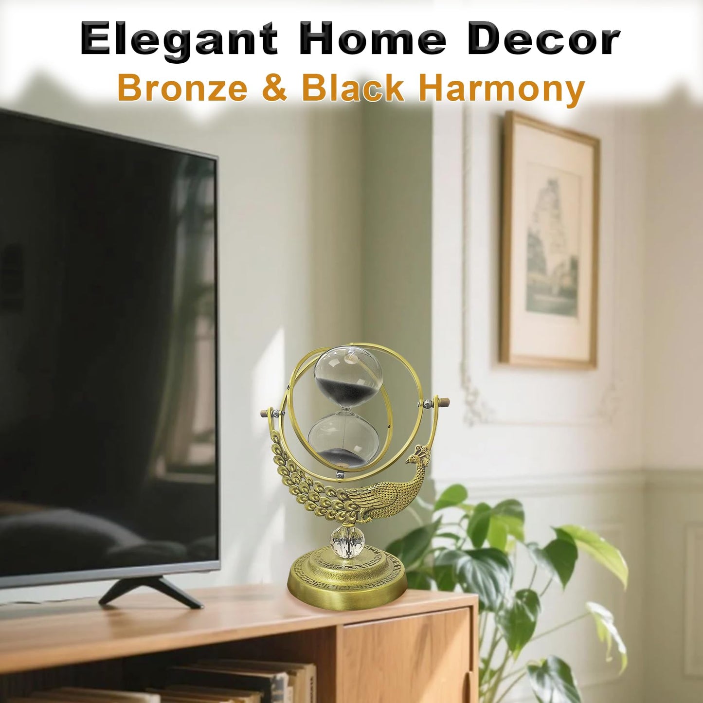 Hourglass 60 Minute Sand Timer, 720° Rotating Brass Peacock & Crystal Ball Sand Clock,Antiguo Reloj De Arena 1 Hora, Large Metal One Hour Glass Sandglass for Gifts Office Desk Decor