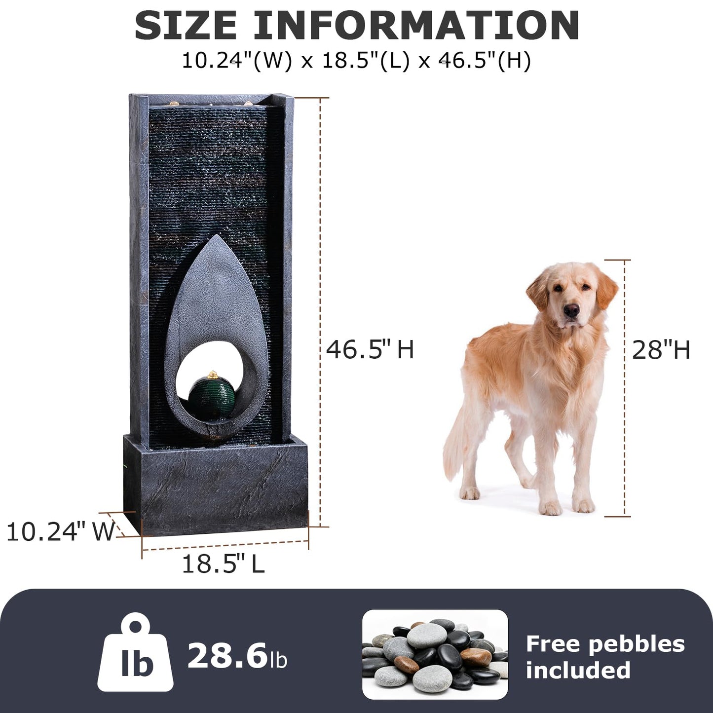 Pivotify 46.5’’Tall Modern Water Fountain Indoor Outdoor Waterfall Feature Floor Standing with Sphere and LED Lights for Garden, Yard, Patio, Deck, Porch, Livingroom Decor