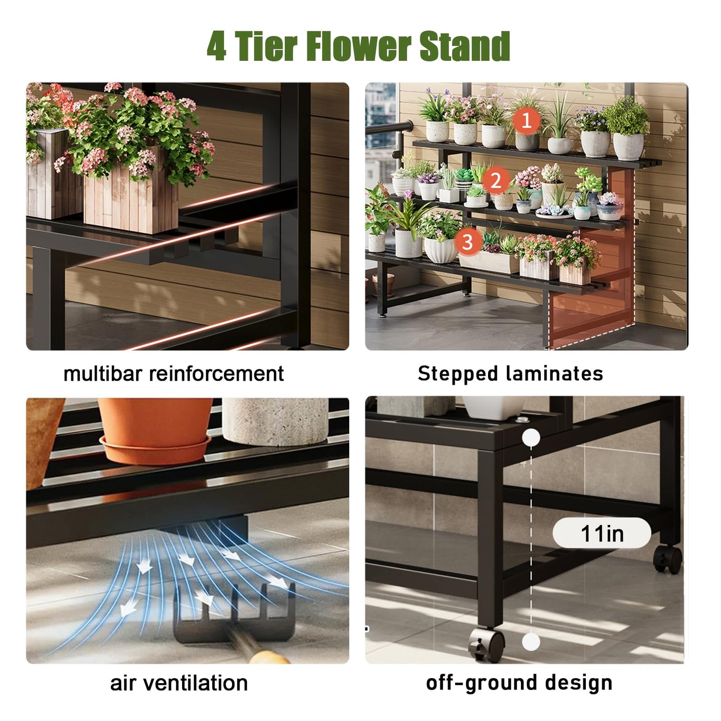 GFFQLXHT 4Tier Sturdy Metal Plant Stand with Wheels, 31x24x65 Inch HighBlack Multiple Tiered Flower Display ,Heavy Duty Succulent Shelf for Home Indoor and Outdoor,Stair Shape,440 LBS Capacity (31in)