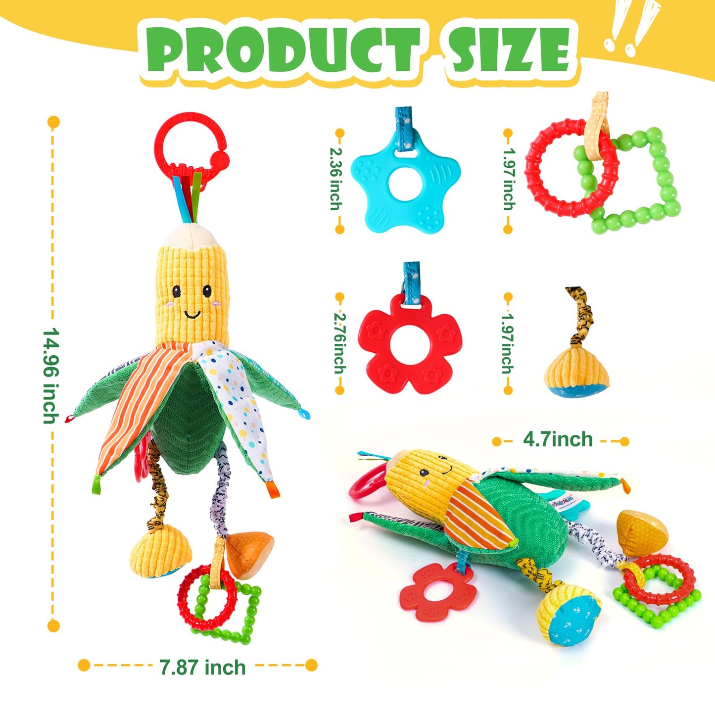 PHEZAPA Hanging Rattles Crib & Car Seat Toys for Babies 0-12 Months with Crinkle, Squeaky & Teether, Sensory Corn Soft Stuff Stroller Toys for Newborns, Boys Girls Gifts