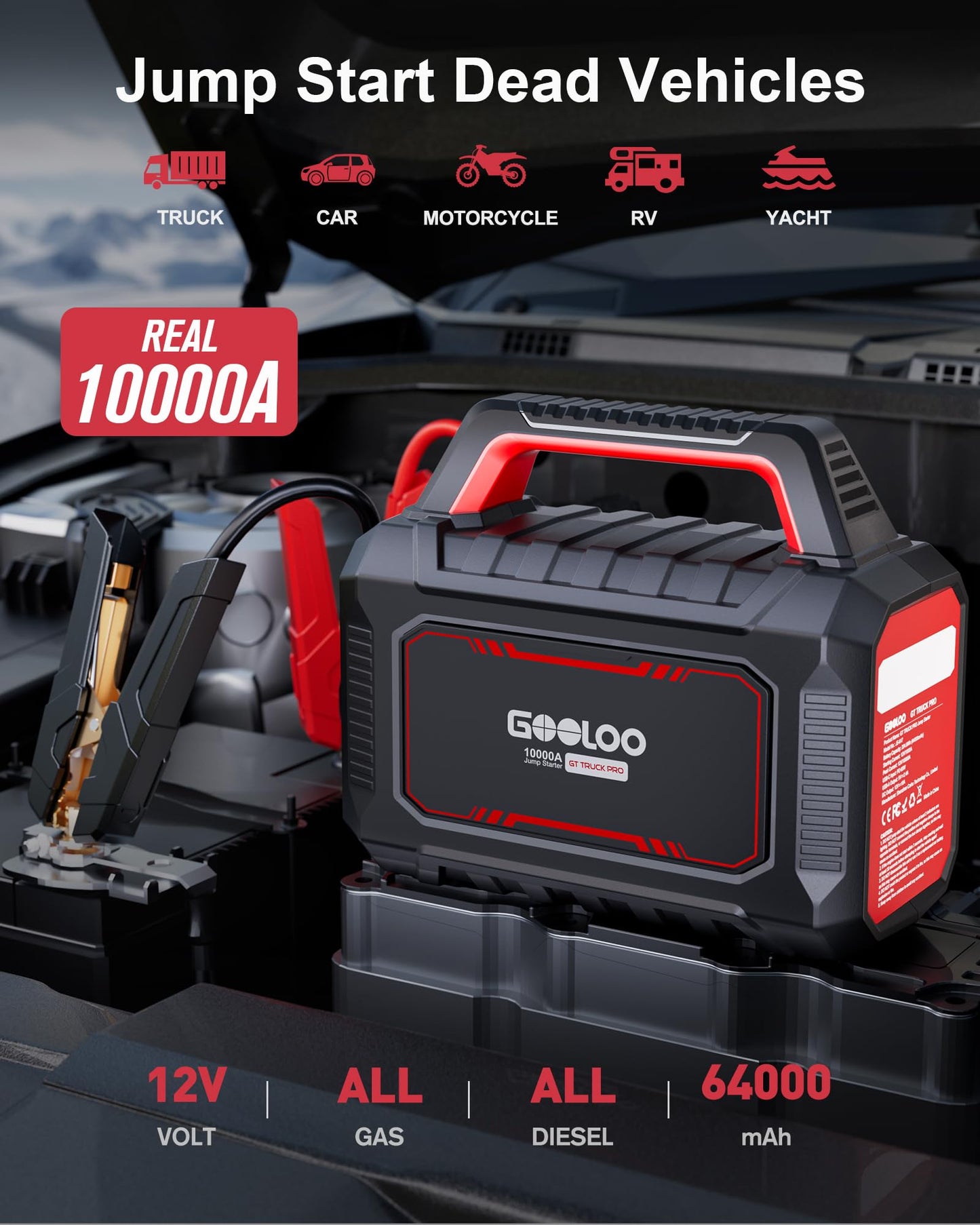 GOOLOO GT Truck PRO 10000A Jump Starter with 65W Fast Charge, 64000mAh Portable Car Battery Booster Power Pack (for All Gas All Diesel), 12V Jump Box with LED Light, Thickened Jumper Cable & Light