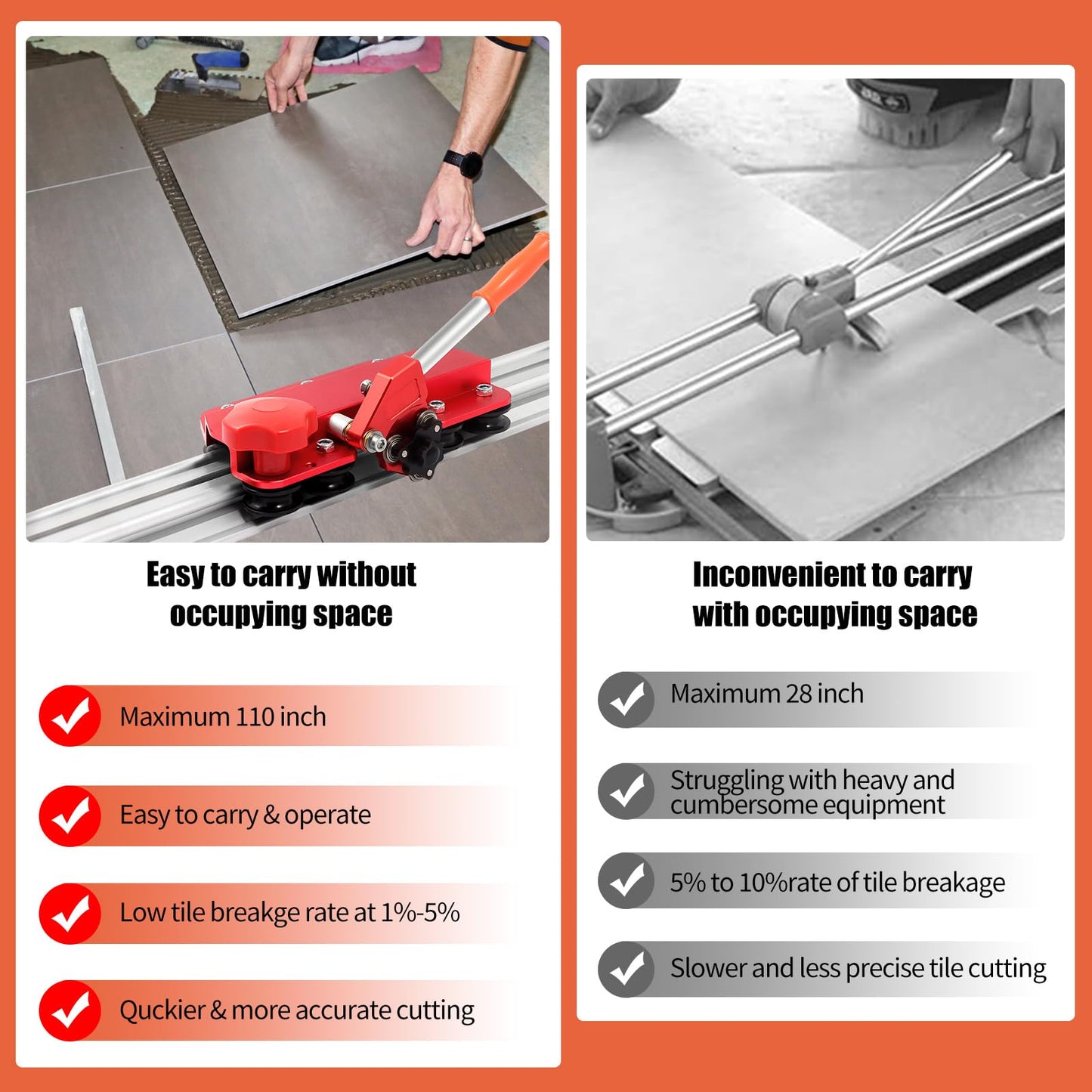 Large FormatTile Cutter, Manual Ceramic Tile Cutting Tool with Built-in Suction Cups & Tile Clamp, 3-Head Scoring Wheel System, for Up to 0.47-Inch Thick Tiles
