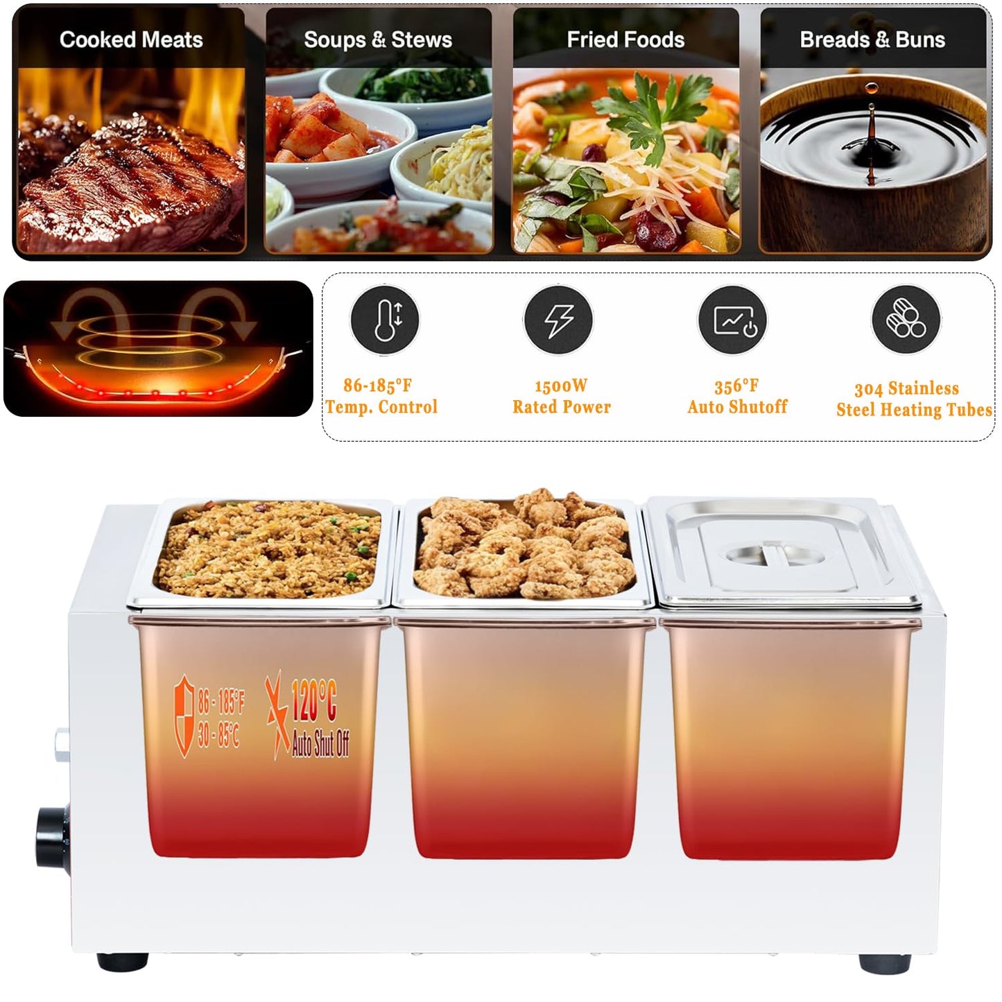 CTJ 3-Pan Commercial Food Warmer - 1500W Electric Steam Table Food Warmer 3x5.3 QT Stainless Steel Bain Marie, with Drain Faucet, Buffet Countertop for Home, Catering, Parties, Restaurants