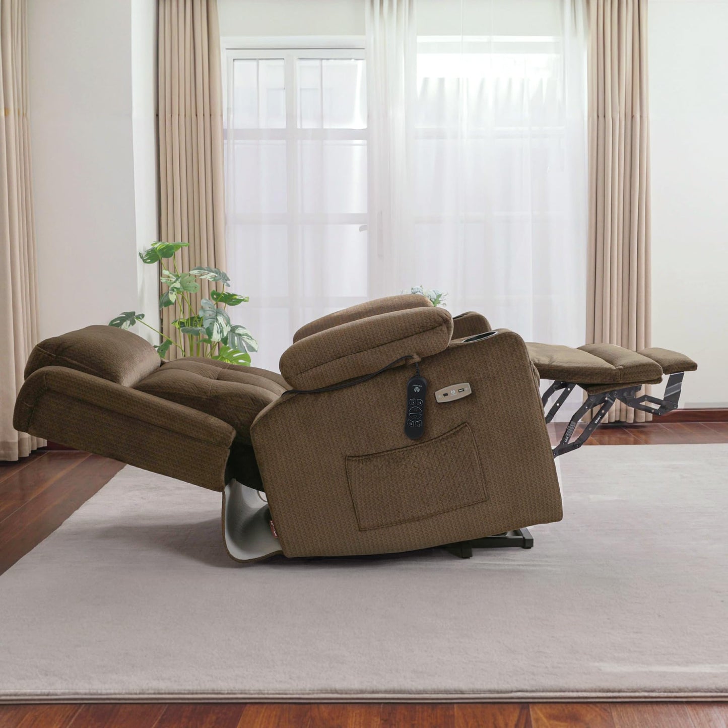 MCombo Large Triple Motor Power Lift Recliner Chair with Massage and Heat for Elderly People, Adjustable Headrest, Infinite Position, USB Ports, Fabric 7662 (Brown, Large)