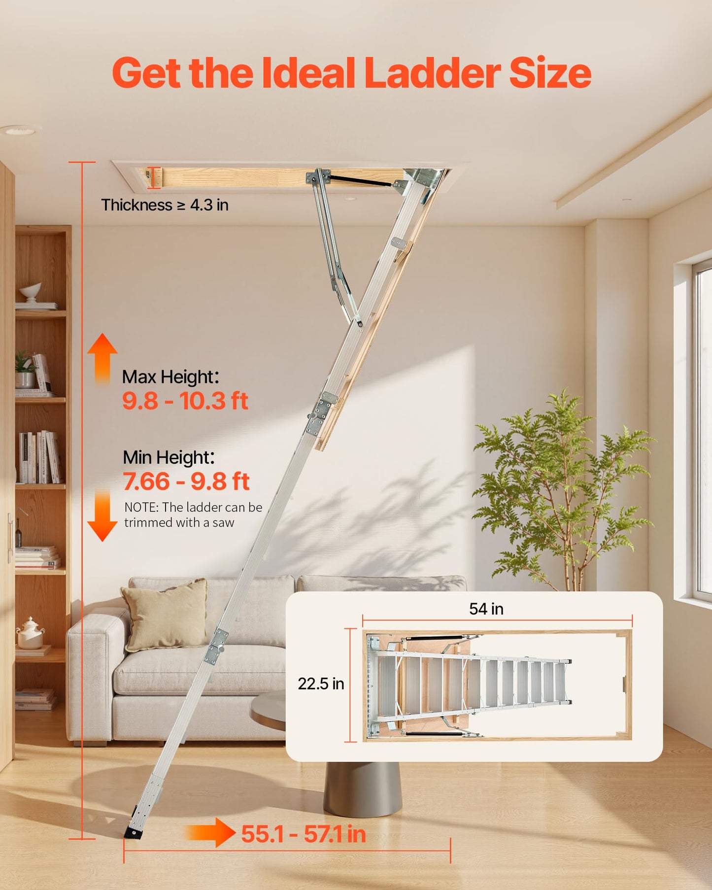 VEVOR Attic Ladder, 375LBS Capacity, 9.8 to 10.3 ft Height Adjustable, Multi-Purpose Foldable Aluminium Attic Stairs, Fits 7.66 to 10.25 ft Ceiling Heights for Convenient Access