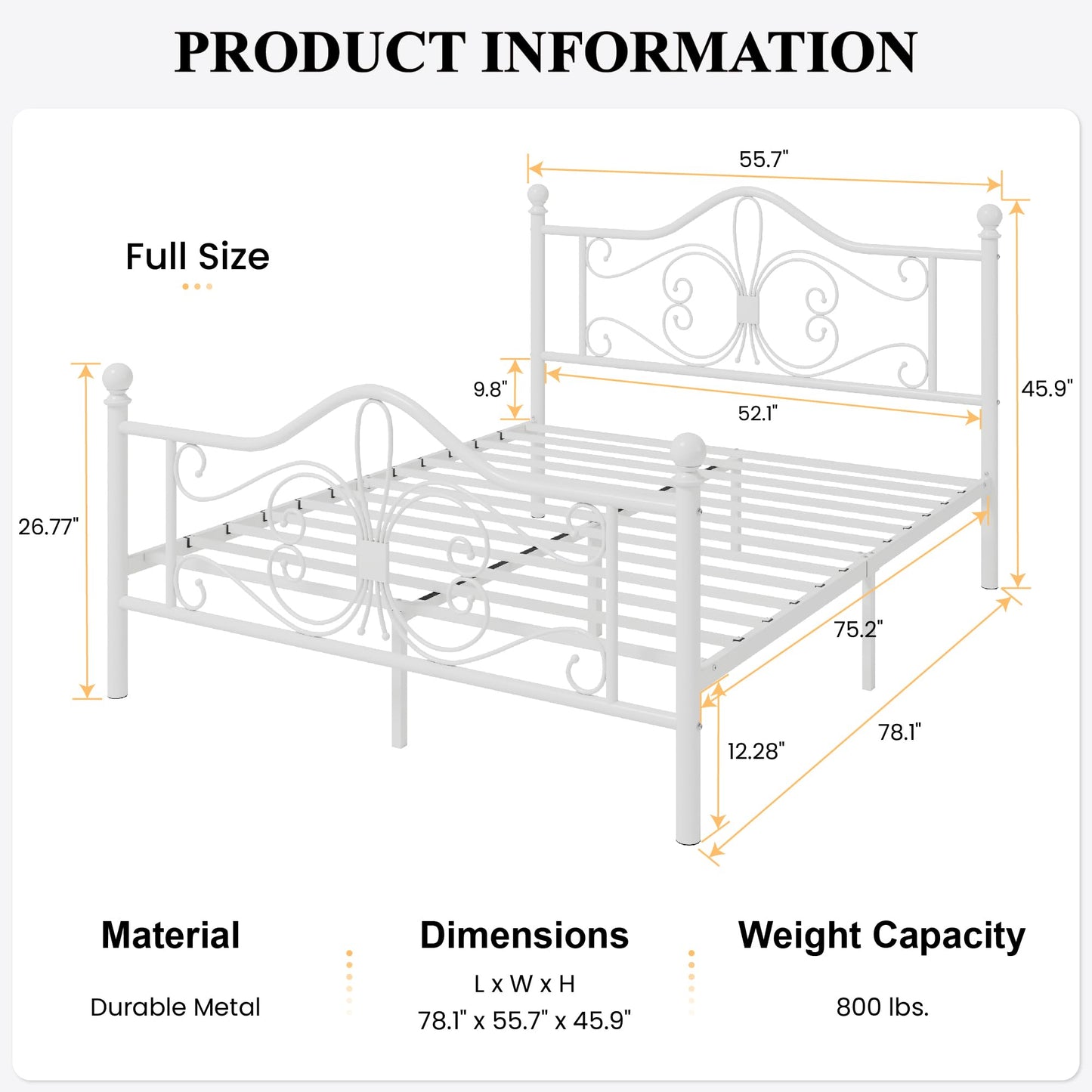 SHA CERLIN Full Size Bed Frame with Headboard,Metal Bed Frame with Butterfly Pattern Design Headboard & Footboard,No Box Spring Needed,Easy Assembly,White