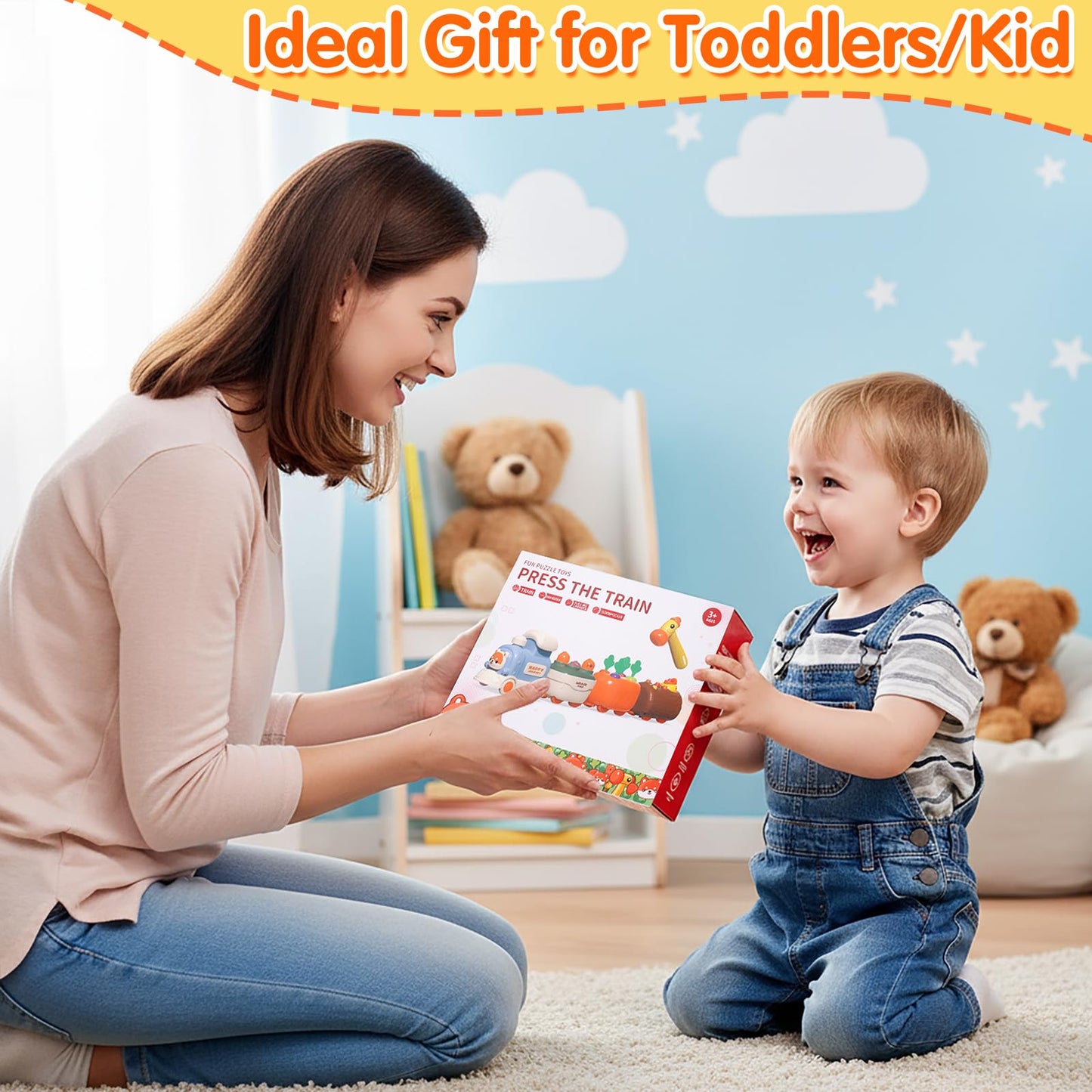Sizobi Press to Go Train Toys for Toddlers 2-4, Learning Sorting Montessori Toys for Kids 3+, Fine Motor Skills Educational Train Set, Preschool Learning Activities Birthday Boys Girls