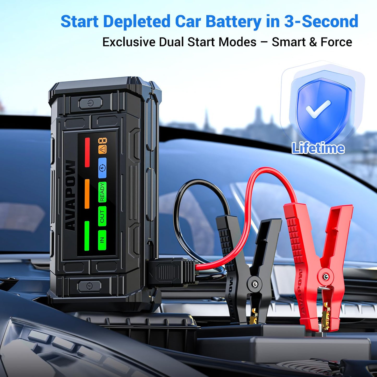 AVAPOW TJ18 3000A Jump Starter with Force Start, Battery Jumper Starter Portable for 8.0L Gas & Diesel Engines, 12V Jump Box with 4-Inch Display, Multi-Protection Jump Cables & LED Light