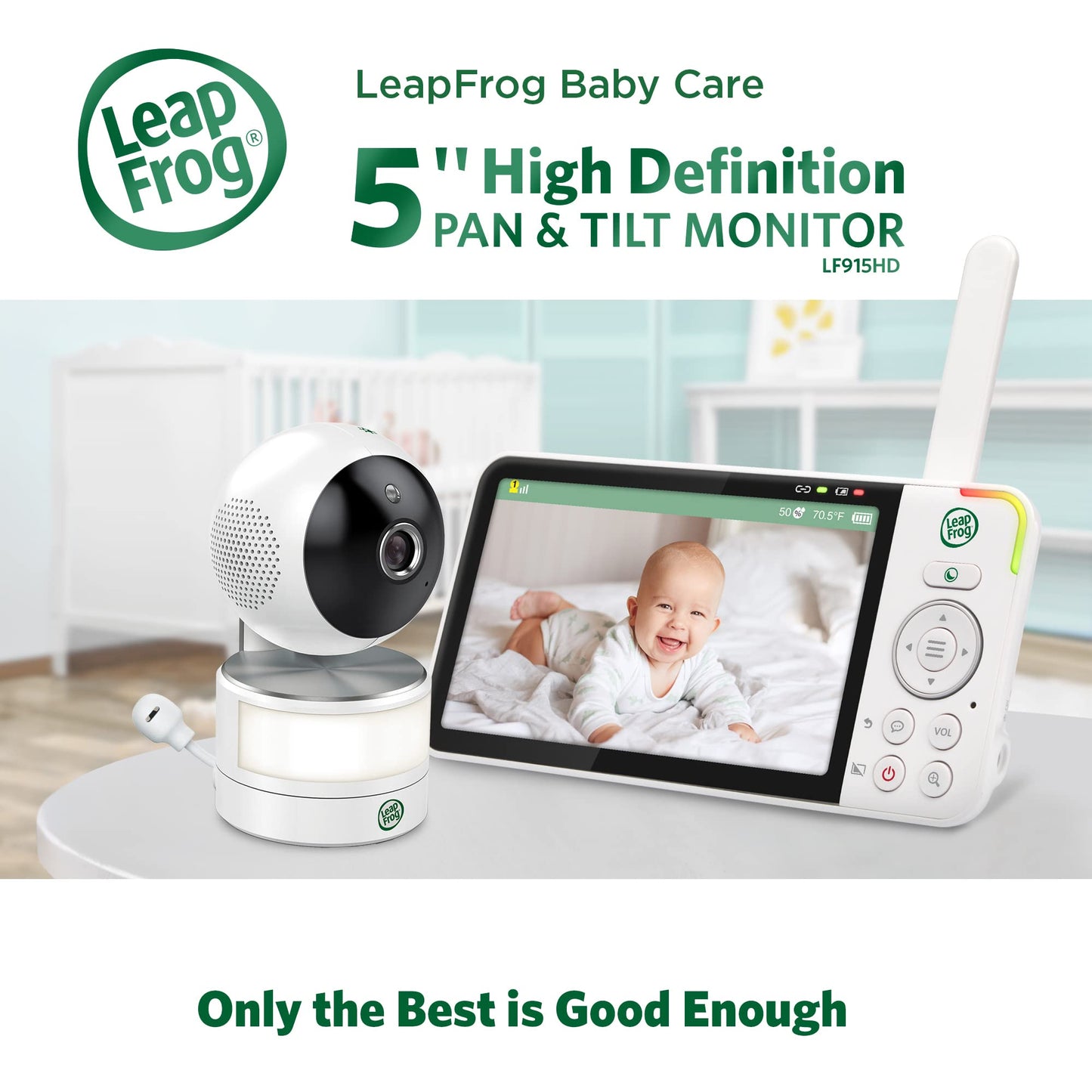 LeapFrog LF915HD Baby Monitor, 5” 720p Screen, 360° Pan & Tilt with 8X Zoom Camera, Color Night Vision, Night Light, Two-Way Intercom, Secure Transmission No WiFi