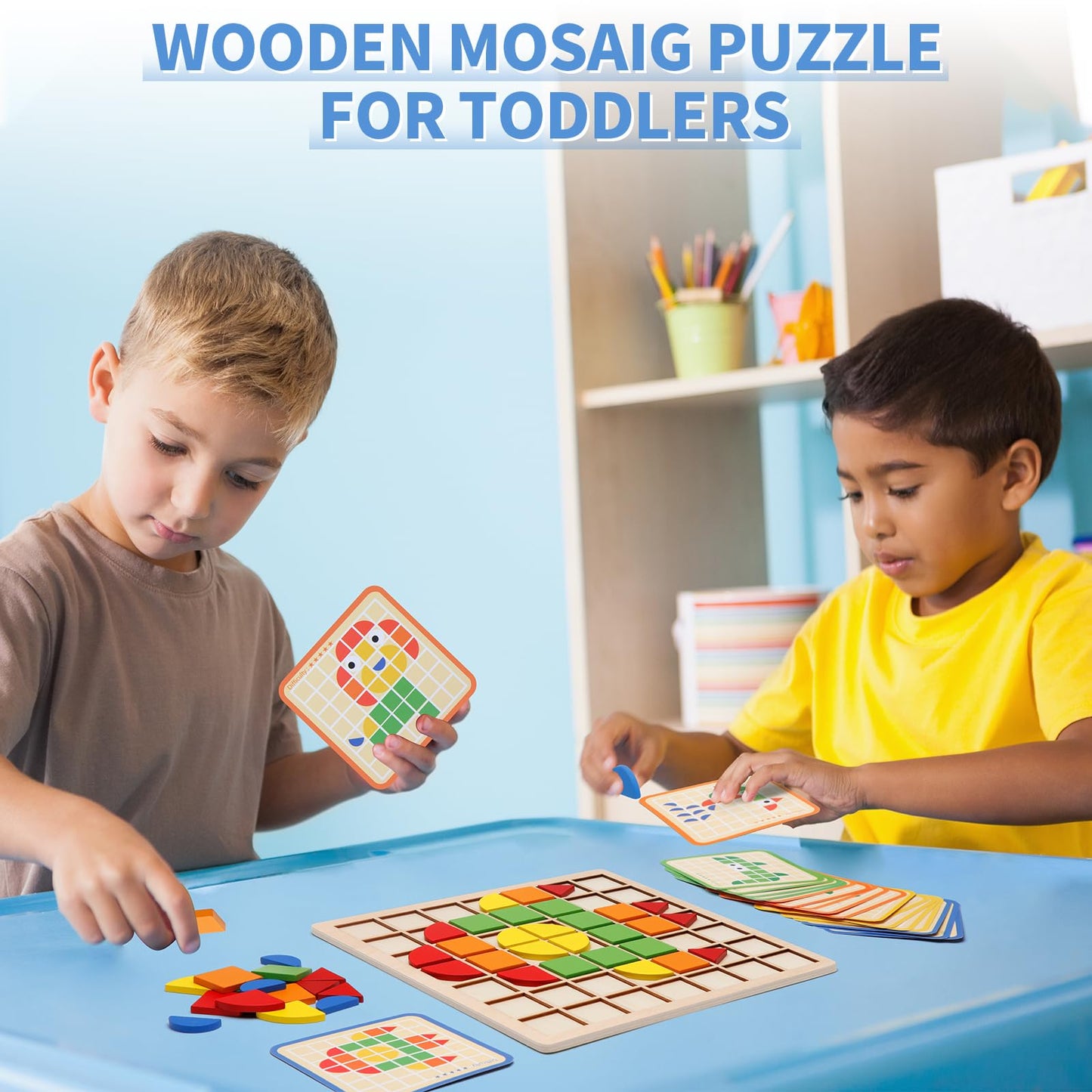 Zycolo Montessori Tangram Educational, Geometric Shapes Puzzle Toys with 120Pcs Wooden Puzzle Blocks and 20Pcs Cards, Colorful Pattern Montessori Children's Educational Gifts for Kids Ages 3 and Up