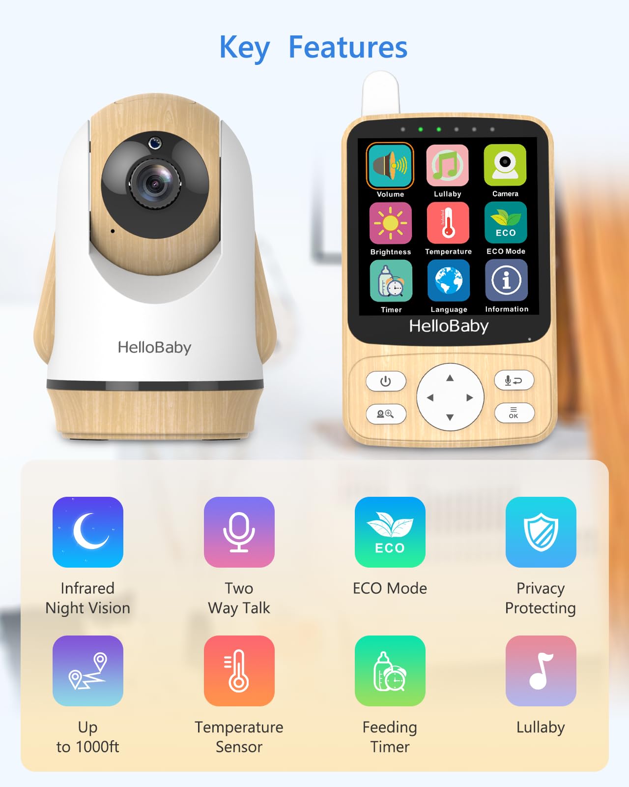 HelloBaby 4" IPS Video Baby Monitor with Camera - No WiFi, 26Hrs Battery, Night Vision, 2-Way Audio, Remote PTZ & Temp Sensor, 1000ft Range for Cribs/Nursery/Pets/Travel