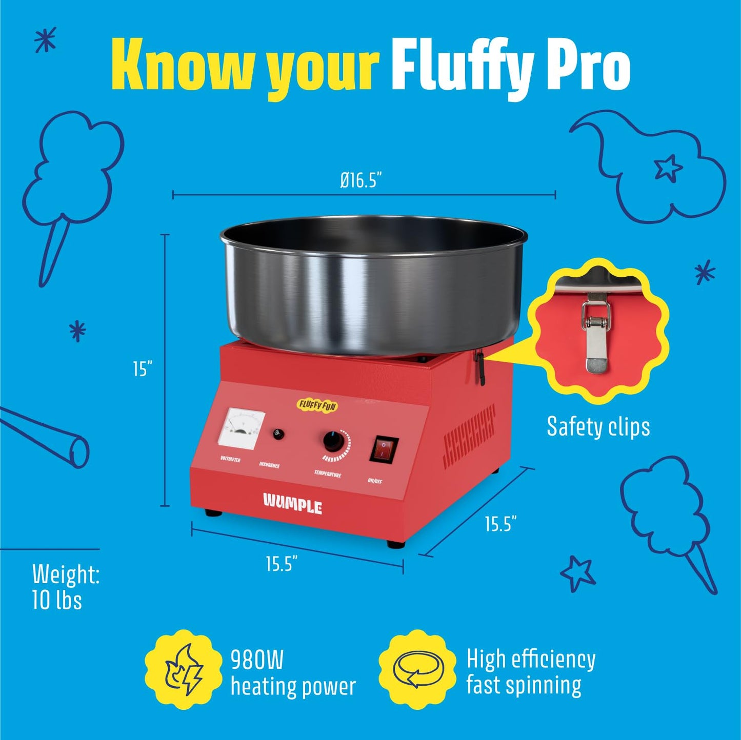 Wumple - Cotton Candy Machine Pro, Quick Heat-Up, Electric Machine with Large Stainless Steel Bowl for Parties & Business (Red)