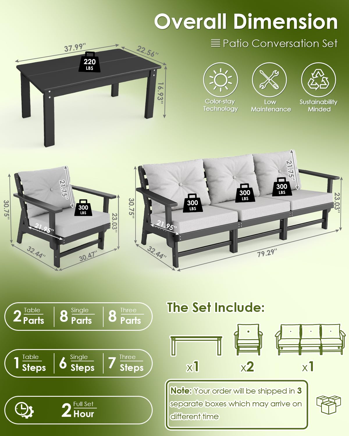 GREENVINES 6-Piece-Patio-Furniture-Set | HDPE Plastic | Outdoor Sectional Conversation Sets | All-Weather Couch | Sofa with Coffee Table | Detachable Armrests | for Deck Lawn | Black