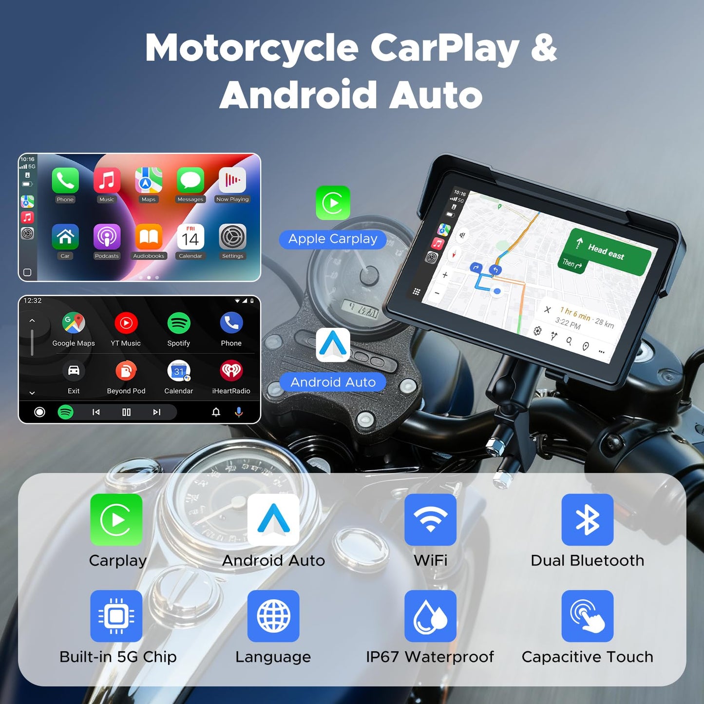 VOLAM 7" Wireless Motorcycle CarPlay Screen, IP67 Waterproof Touchscreen,GPS Navigation System,Anti-Glare for Daylight, Voice Control, Dual Bluetooth, Suitable for Harley, Kawasaki, Yamaha, etc.