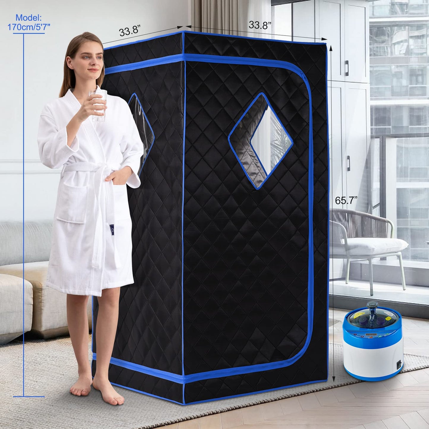 ZONEMEL Personal Portable Steam Sauna, Full Size Sauna Tent, 1500 Watt 4 Liter Steamer with Remote Control, Timer, Portable Sauna Chair for Home Saunas (L 33.8" x W 33.8" x H 65.7", Blue Border)