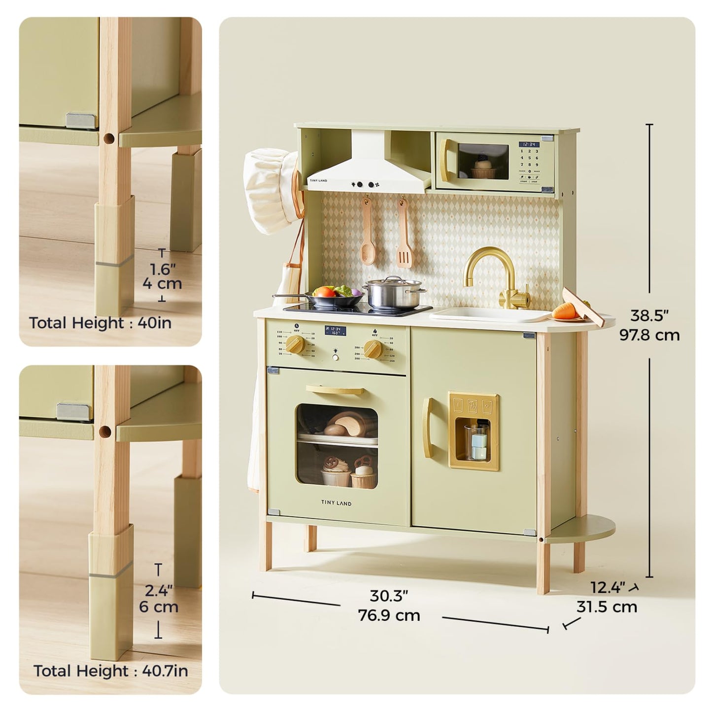 Tiny Land Play Kitchen for Kids, Wooden Farmhouse Kitchen Playset Chef Pretend Play Set for Toddlers w/Real Lights & Sounds, Toys Kitchen with 18 Pcs Toy Food & Cookware Accessories, Sage Green