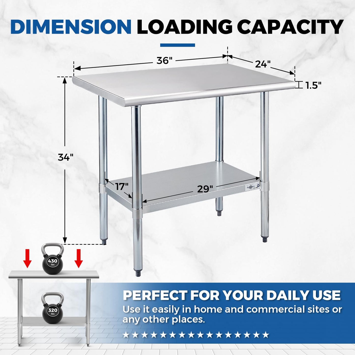 Profeeshaw Stainless Steel Prep Table 36x24 Inch NSF Commercial Work Table with Undershelf Heavy Duty Table for Kitchen Restaurant Home Hotel