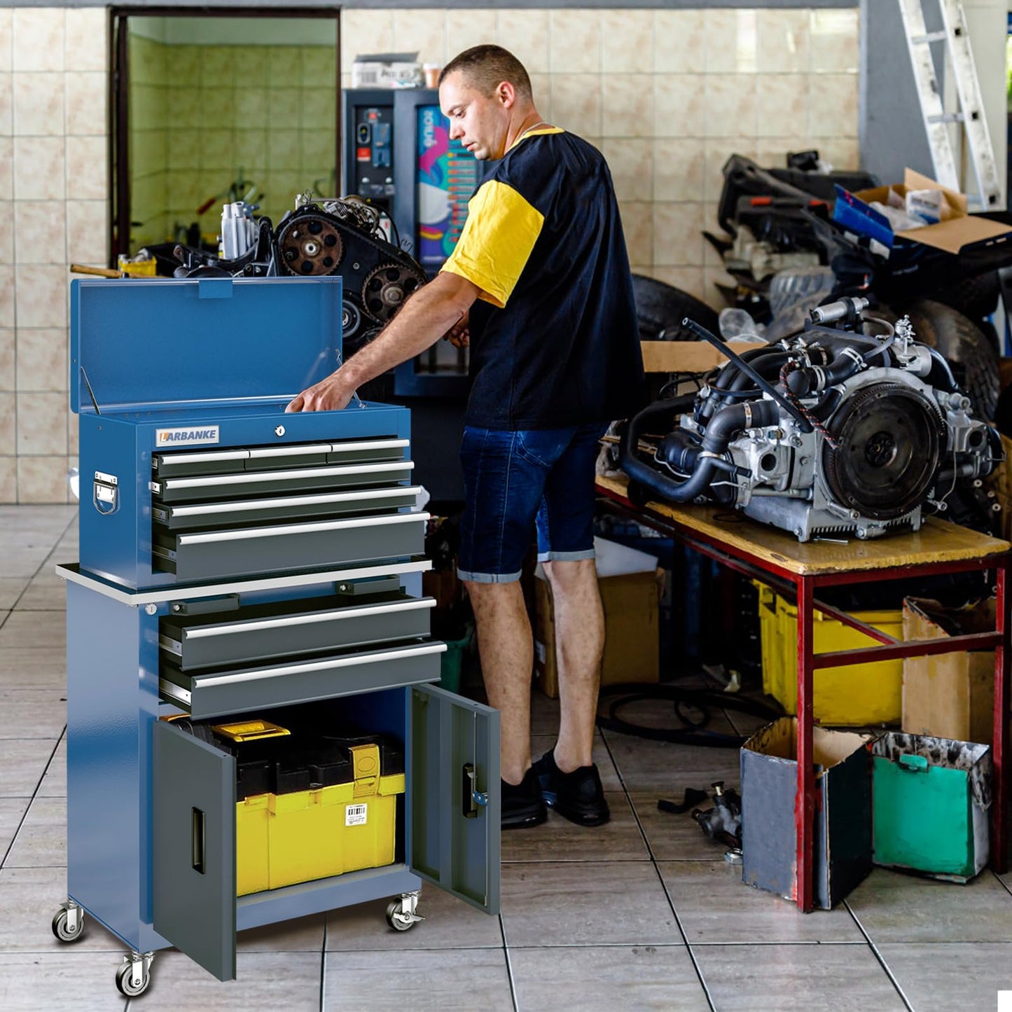 LARBANKE 8-Drawer Rolling Tool Chest,Tool Chest with 360° Brake Wheels and Padded Feet,Tool Cabinet with Locking System and Drawer Liners,Ideal Design for Garage and Workshop