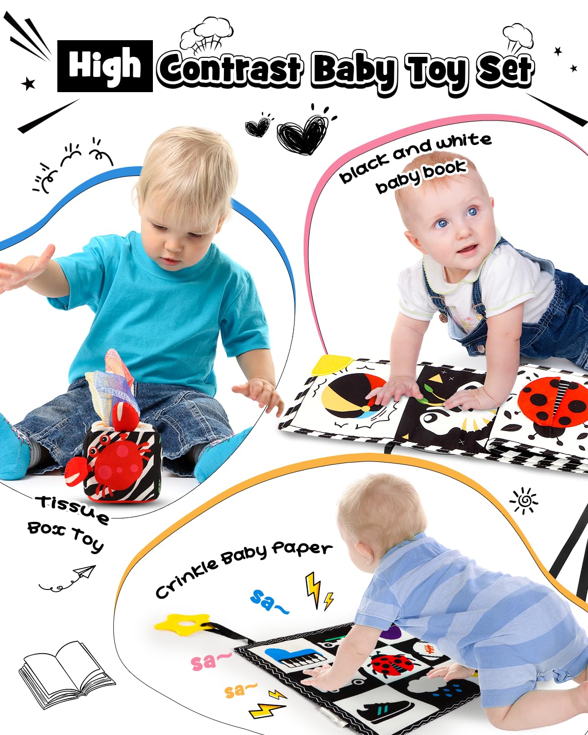 Baobrava 3 PCS Black and White High Contrast Baby Toys for Newborn, Montessori Toy Sensory Infant Tummy Time Toy Baby Essentials 0-6-12 Months Gifts