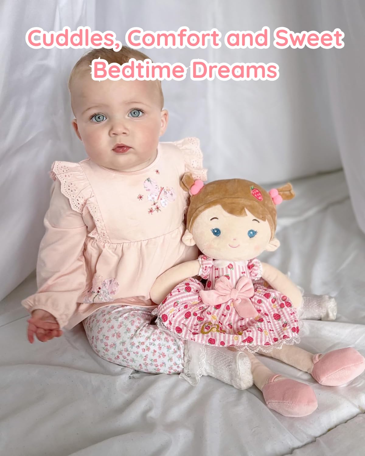 LeyaDoll Soft Baby Doll Toys (16''), My First Baby Rag Doll for 1 Year-Old Girl Birthday Gift, Christmas Plush Toys Gift for Toddler Kids Infants-Strawberry-Girl