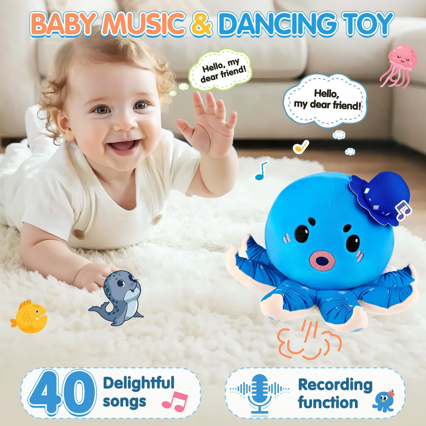 Baby Toy for 6-12 Months, Rechargeable Musical Plush Interactive Toy - 40 Songs & Recording Feature, Crawling Octopus Tummy Time Toy, Soft Sensory Toys for Toddlers 1-3, Gifts for Infants 1 Year Old
