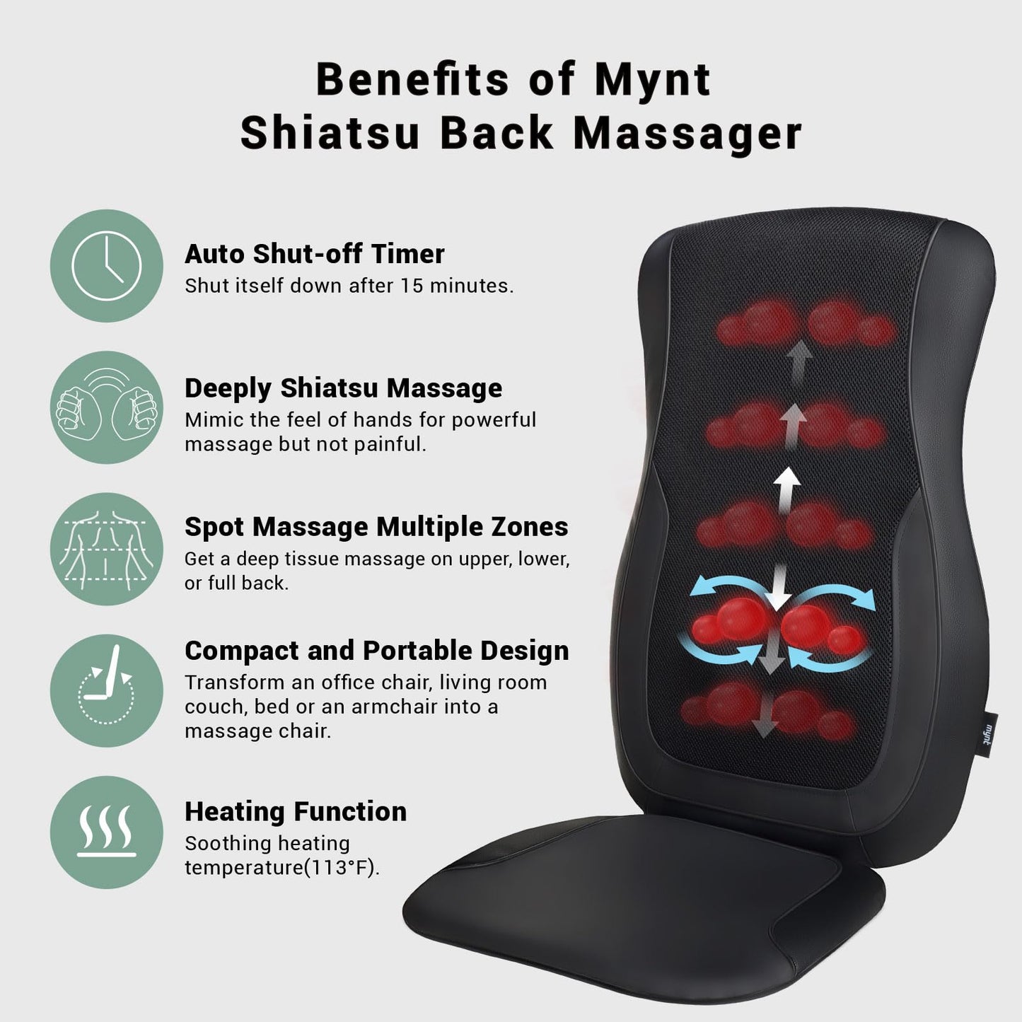 Mynt Black Acupressure Massage Chair Pad with 4 Deep Kneading Nodes, Shiatsu Back Massager for Chair with Heat, Heated Back Massage with a Cushion for Deep Tissue, Gift for Father Day