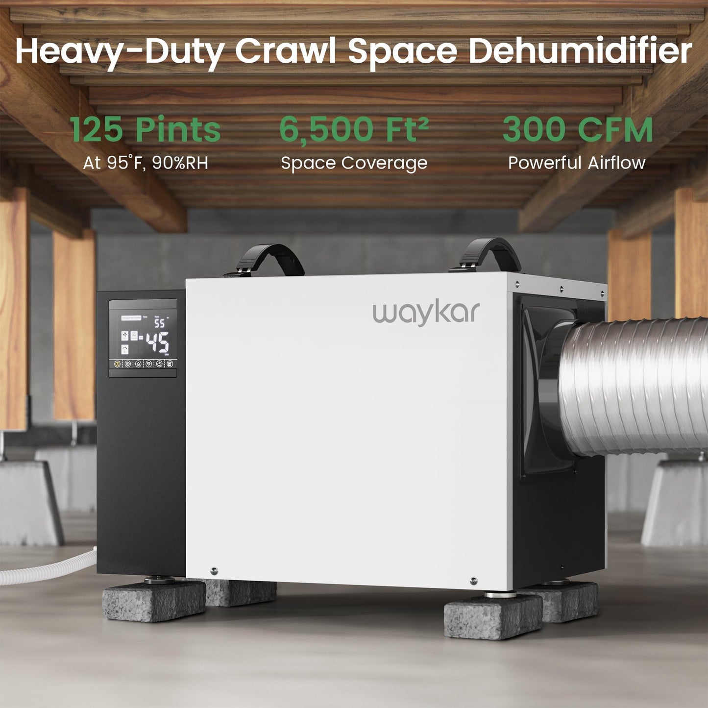 Waykar 125 Pint Crawl Space Dehumidifier with Drain Hose for Commercial, Basements, and Industry Water Damage Unit for Spaces up to 6500 Square Feet, Smart Humidity Control - 5-Year Quality Coverage