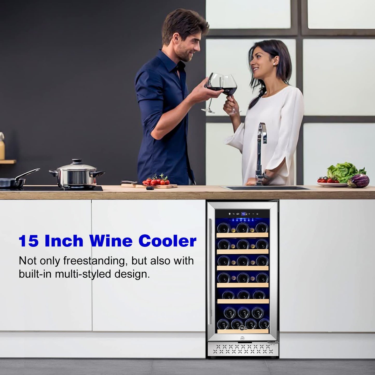 Tylza 15 Inch Wine Cooler Under Counter, 30 Bottles Built-in Wine Fridge with Stainless Steel Tempered Glass Door, Temp Memory Function, Freestanding Fast Cooling Wine refrigerator, Quiet Operation