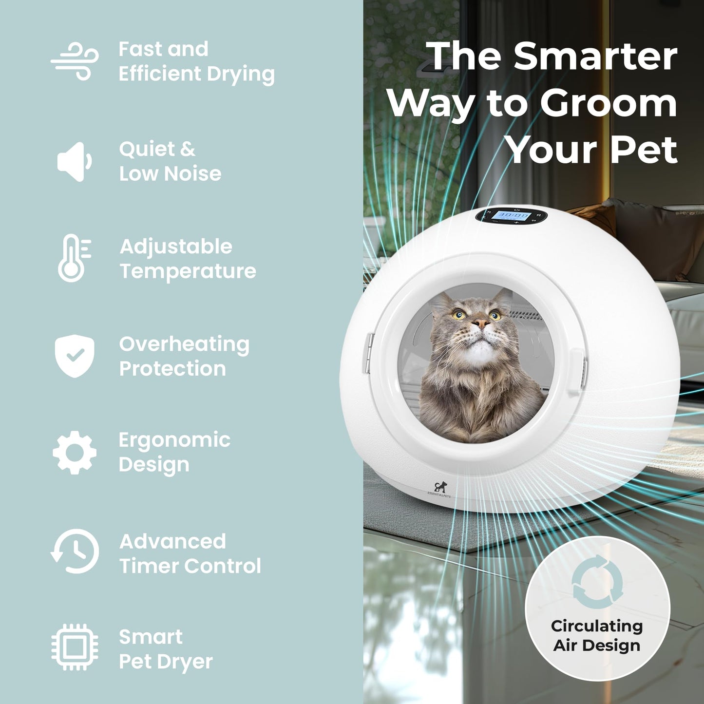 EssentialPets 55L Smart Pet Grooming Dryer Box - Quick, Low Noise, Self Dry, Portable & Fast Hair Drying for Dogs, Cats, and Small Pets |Dries Pet Clothes| Temperature and Timer Control, Spa Treatment
