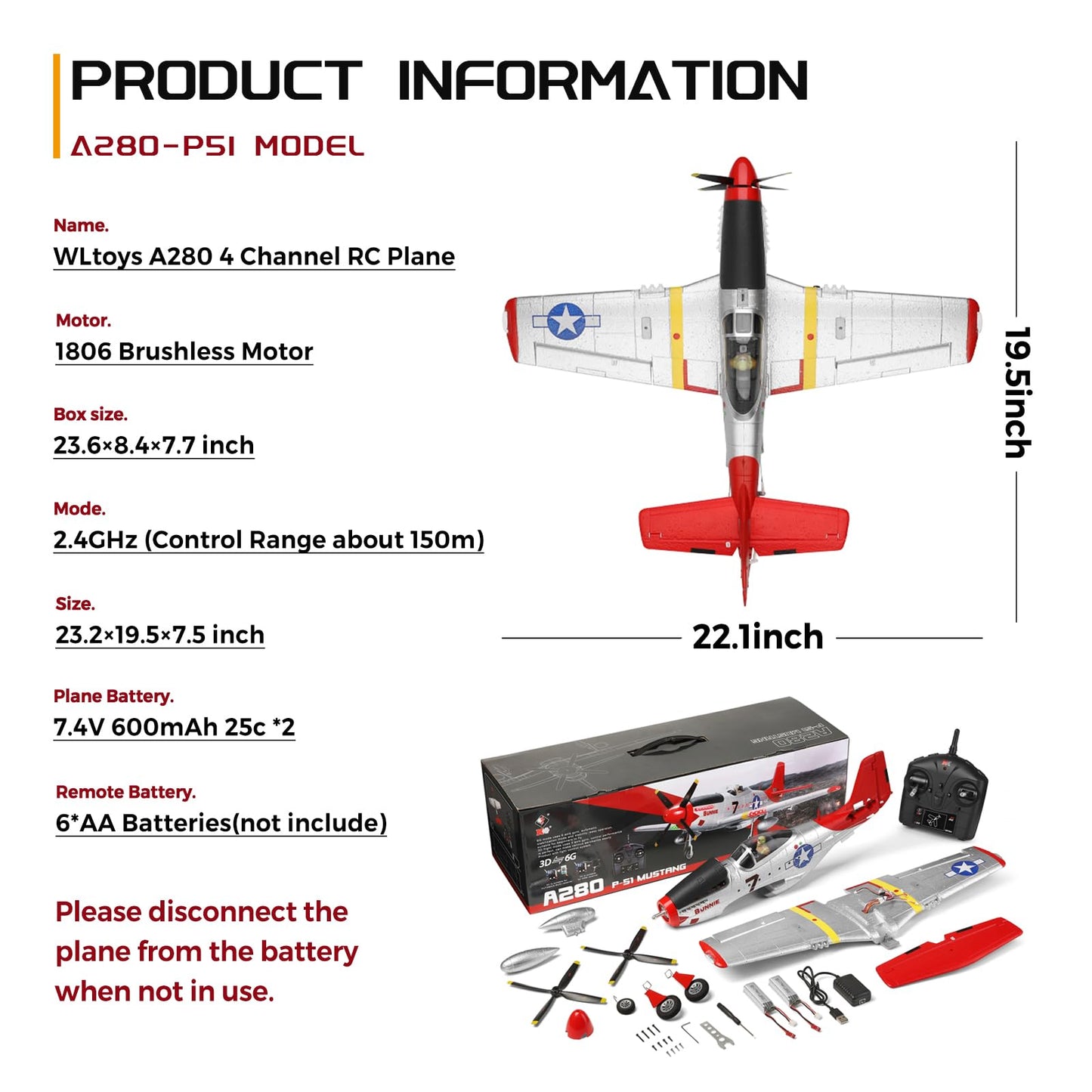 CKYSCHN WLtoys XK A280 RC Airplane, P51 Mustang 4 Channel RC Plane with Lights, 6G/3D Brushless RC Planes, 2.4G Remote Control Airplane, Hobby RC Planes Gifts for Adults