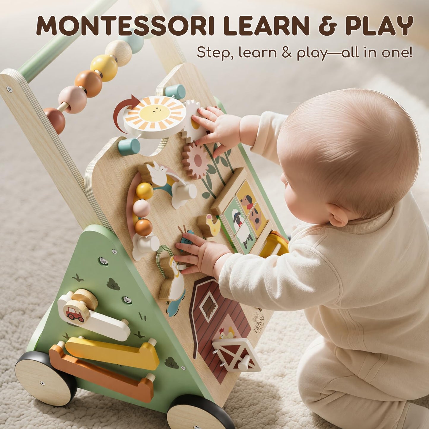 Lehoo Castle Wooden Baby Walker, Adjustable Speed Montessori Walker with Activity Center for Boys Girls, Baby Push Walker Toys for 1 Year Old Learning to Walk