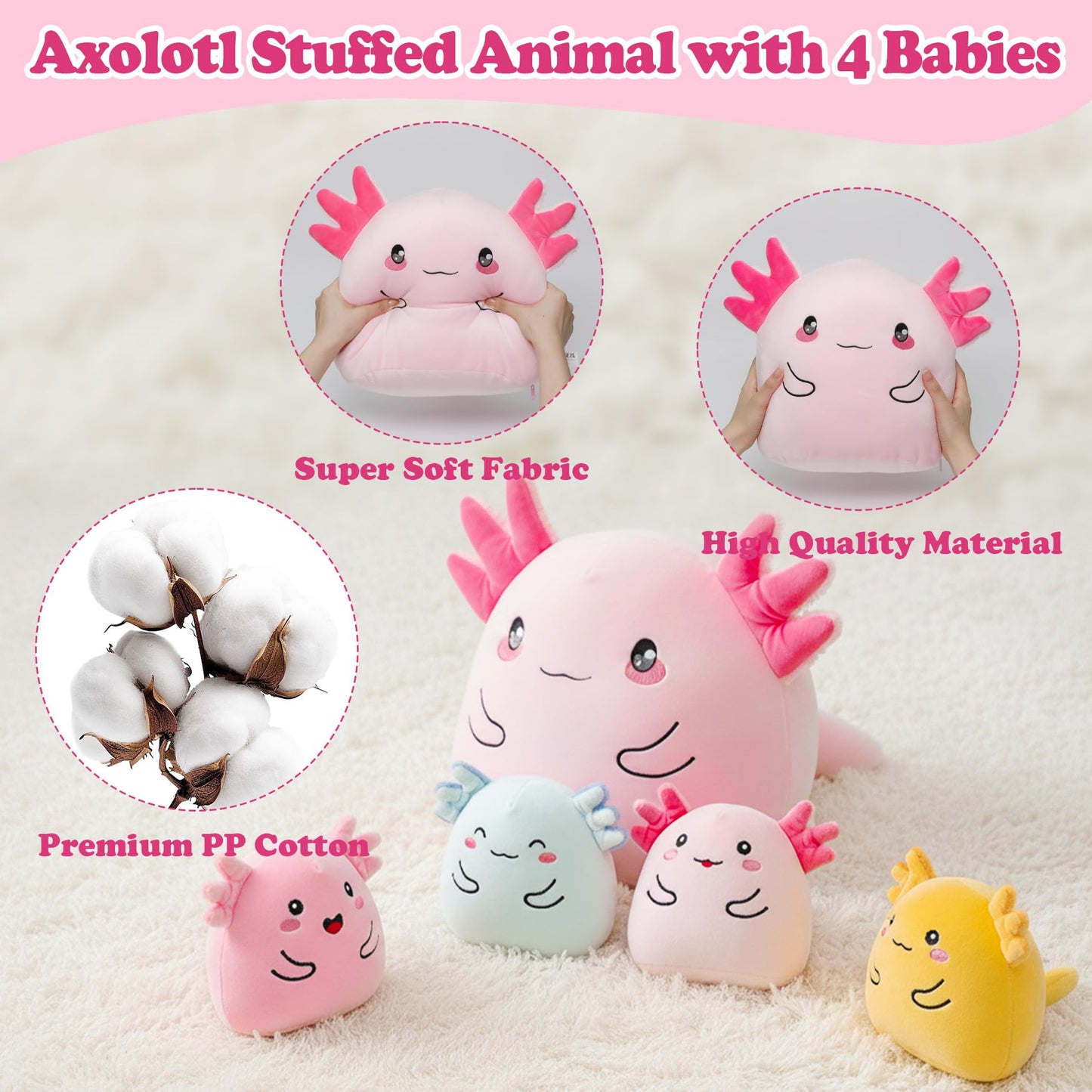 Axolotl Plush with 4 Babies Inside - 13 Inch Mommy Axolotl Plush Interactive 4 Colorful Baby in Tummy 5-Piece Cute Big Axolotls Adopt Toy Plushies for Girls Boys 0-8 Kids Birthday Baby ShowerGift