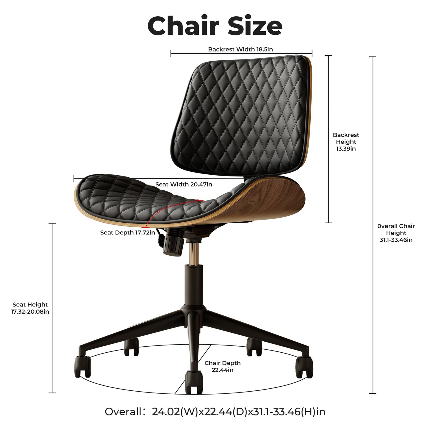 Home Office Desk Chair with Wheels, Armless Adjustable Height PU Leather Office Chair, Mid Back Ergonomic Computer Chair, Walnut Curved Seat Design No-Arm Chair (Half-Black) (All-Black)