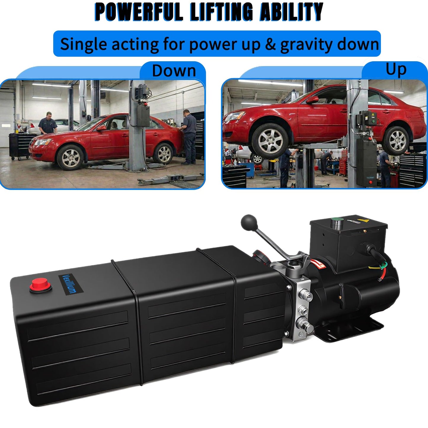 Vexillium Hydraulic Power Unit for Car Lift, 220V Automotive Lift Hydraulic Pump,15 Quarts Plastic Reservoir Car Lift Pump,Single-Acting Pump for Single-Post, Double-Post and Four-Post Lifts