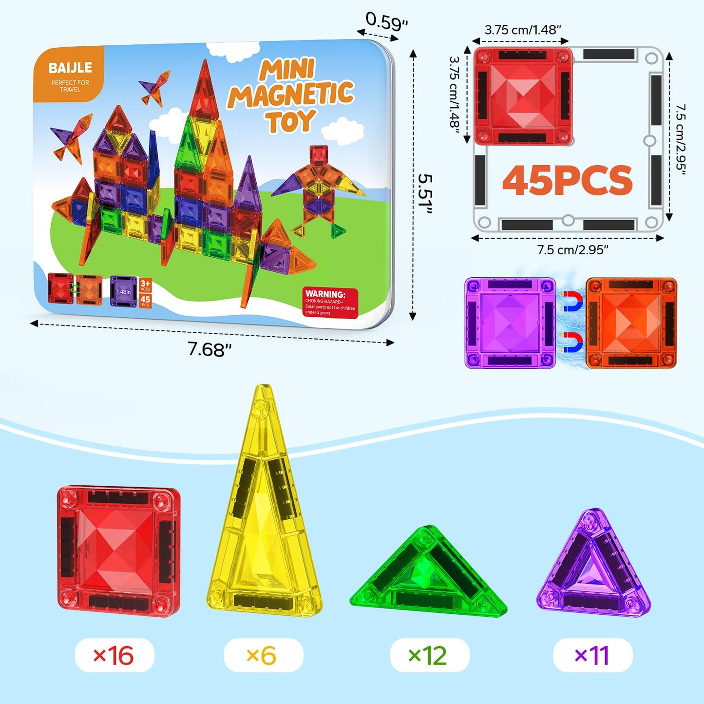Mini Magnetic Tiles, 45PCS Diamond Pattern Magnetic Tiles Travel Set with Case, Portable Building Toys Creativity Boosting Sensory Toys for Kids Ages 4-8 Toddler Boys Girls Halloween Birthday Gift