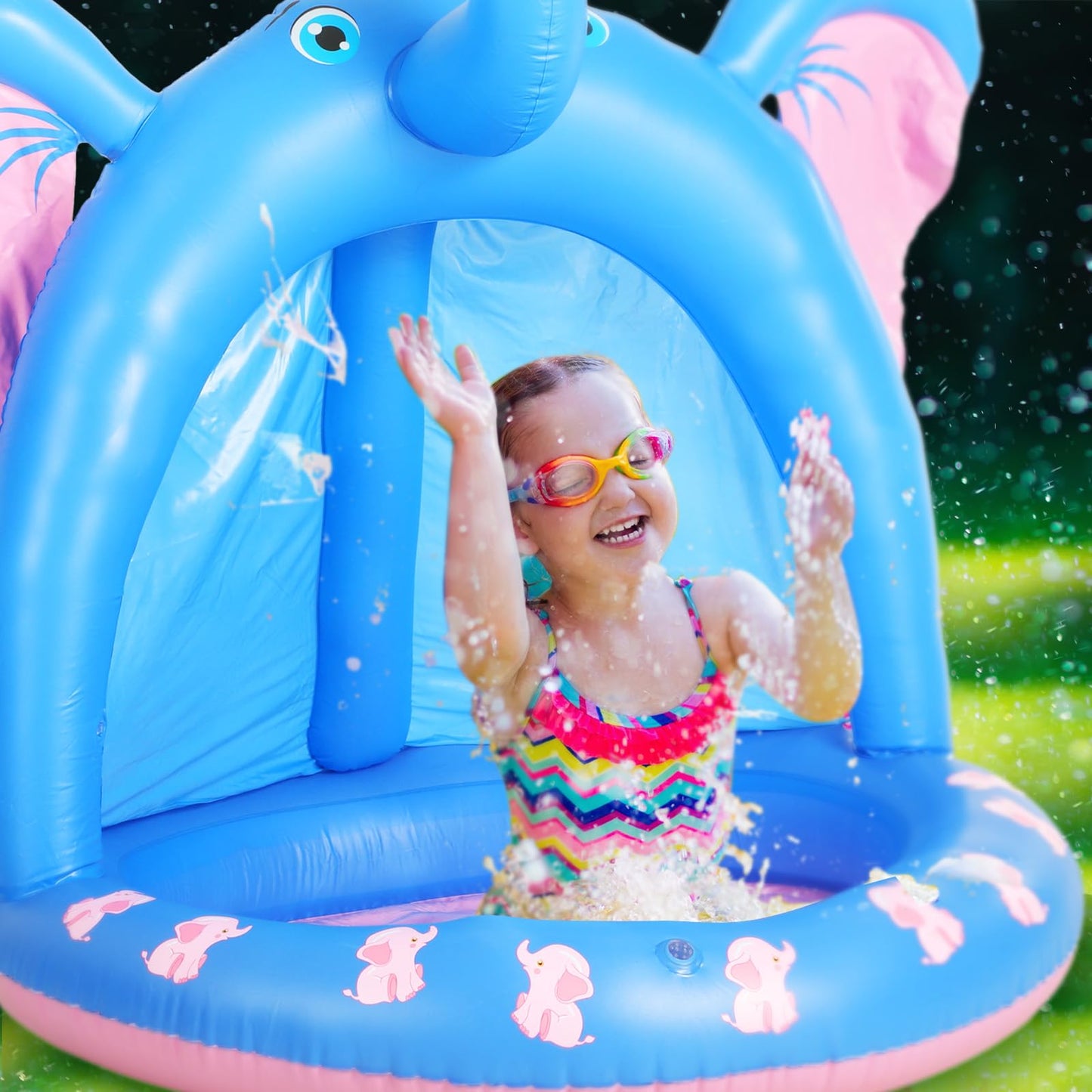 Relaxgiant 47 Inches Baby Pool with Canopy Elephant Inflatable Baby Swimming Pool with Soft Floor Bottom and Built in Sunshade Water Sprinkler for Kids Outdoor Indoor Game Play Center