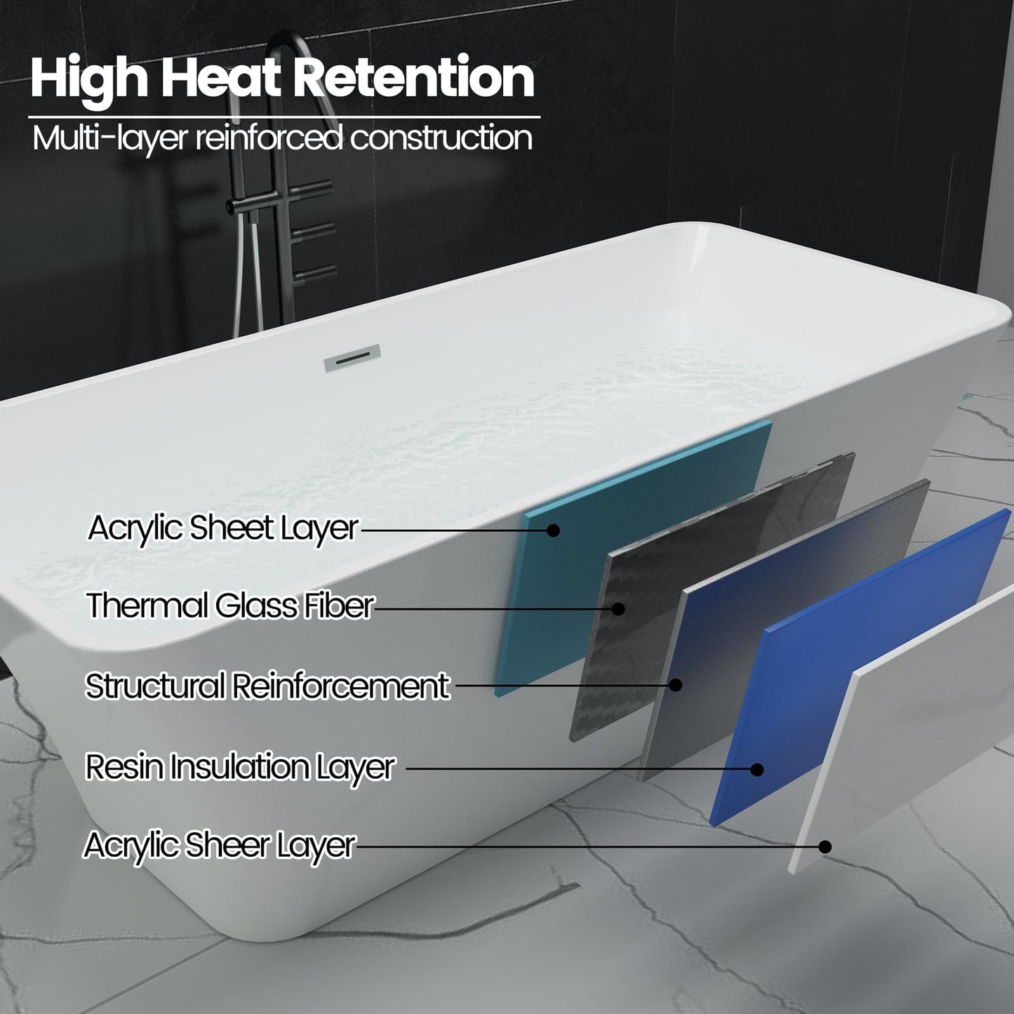 66 Inch Freestanding Bathtub, Modern Soaking Bathtub, Freestanding Rectangular Tub with Non-Slip Base and Easy Drain, Deep Design for Adults, Ideal for Bathroom Relaxation, Chrome Drain, White